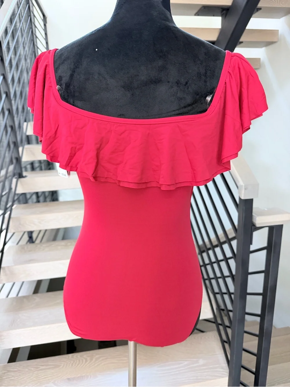 NWT Michael Kors Coral Red Ruffle Off-Shoulder One-Piece Swimsuit size 8